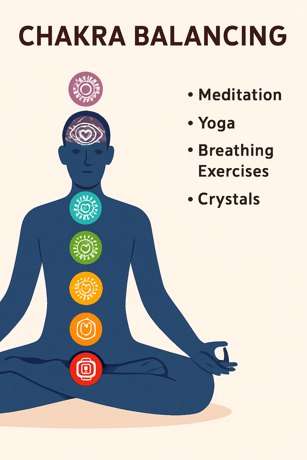 Infographic on chakra balancing techniques with a person meditating and energy centres glowing