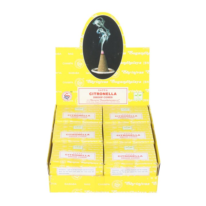 12 packs of citronella dhoop incense cones by Satya in a vibrant display box for a calming fragrance