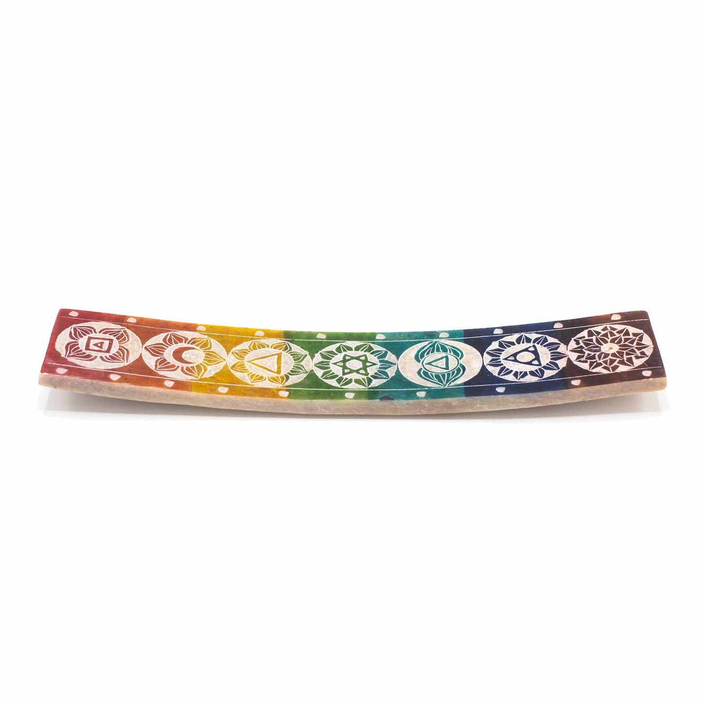 Soapstone 7 chakra incense holder with colorful chakra designs, measuring 26x5cm, perfect for spiritual practices