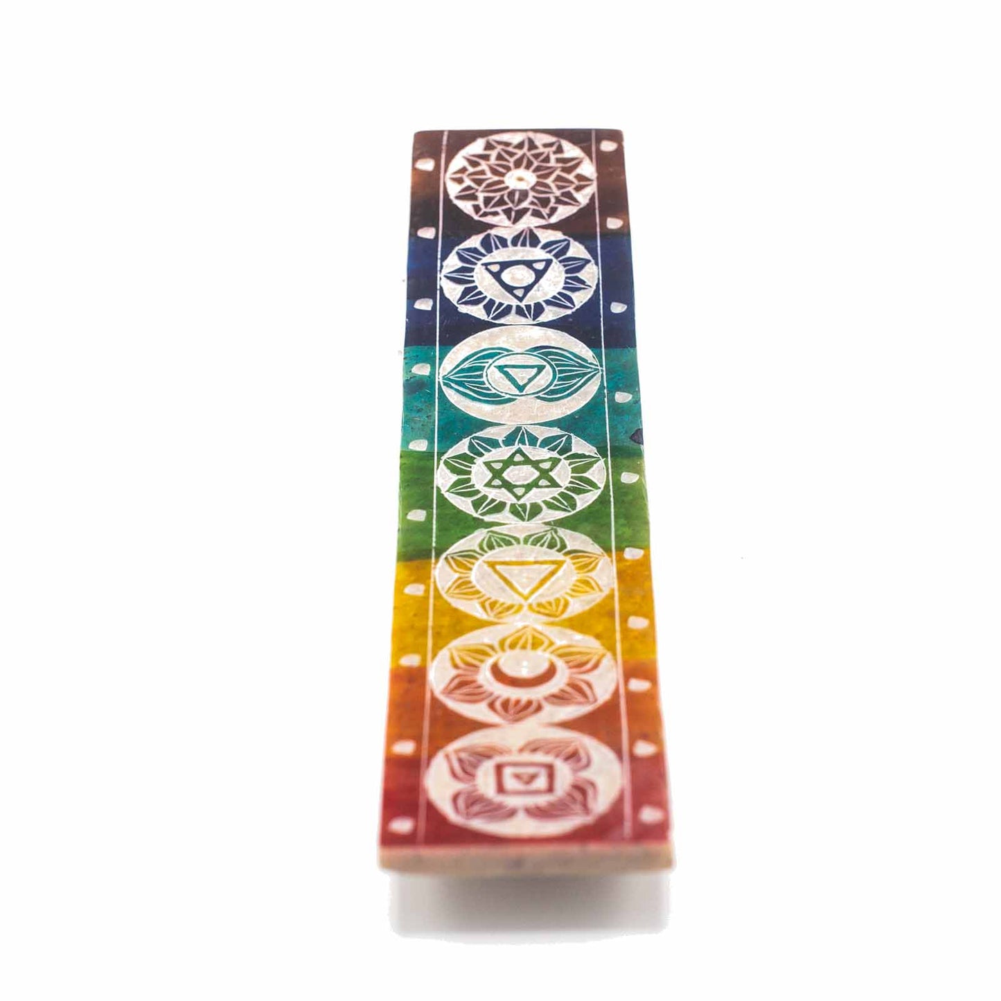 Soapstone 7 chakra incense holder with colorful designs representing each chakra, measuring 26x5cm