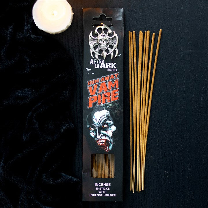 Run Away Vampire incense sticks with holder featuring dark packaging and a spooky design for a mystical ambiance.