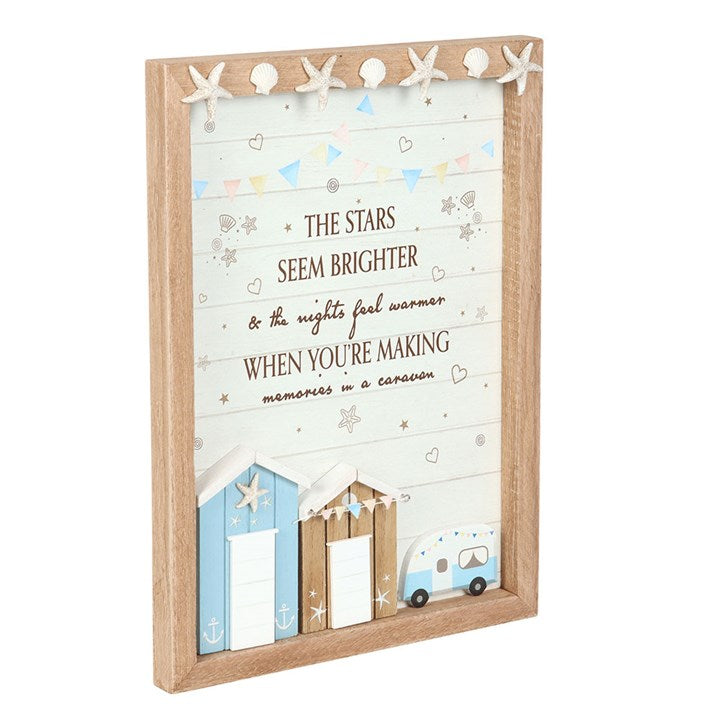 Decorative 3D shell caravan plaque featuring a wistful quote and colorful nautical designs for home decor