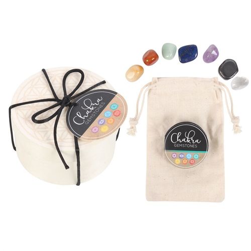 Chakra Crystal Gift Set featuring various gemstones in a bag, beautifully packaged with a decorative box for harmonizing energies