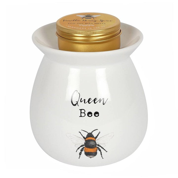 Elegant Queen Bee wax melt burner set with a vanilla honey melt, featuring a charming bee design