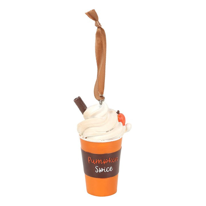 Festive pumpkin spice latte ornament featuring whipped cream, a straw, and fall accents for holiday decoration