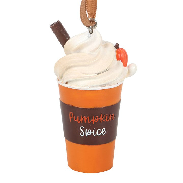 Pumpkin Spice Latte Ornament featuring a whimsical frosted coffee cup with cream, pumpkin, and cinnamon stick details