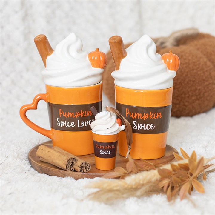 Cute Pumpkin Spice Latte ornament in orange with whipped cream and cinnamon stick, perfect for fall decor.