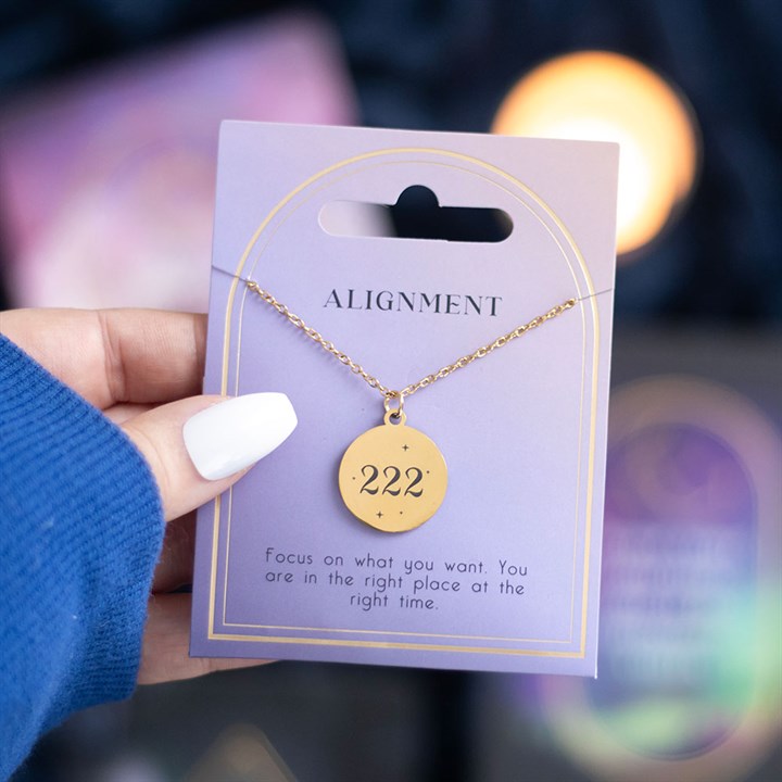 Gold 222 Angel Number Necklace on card promoting alignment and positivity, perfect for spiritual connection.