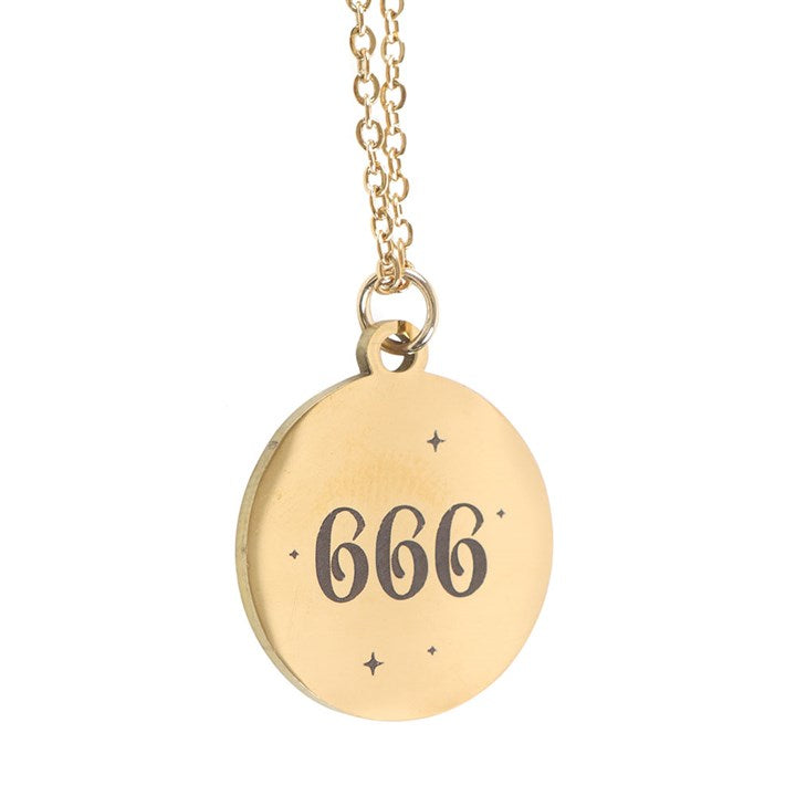 Golden 666 angel number necklace featuring a polished pendant with the number 666 engraved, perfect for spiritual adornment