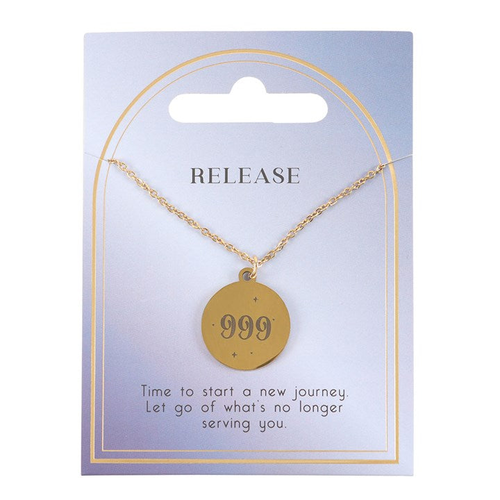 Stylish 999 angel number necklace displayed on a card with 'RELEASE' and motivational text for new beginnings