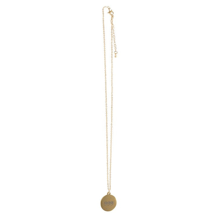 Gold 999 angel number necklace with a circular pendant featuring the number 999, perfect for spiritual connection.