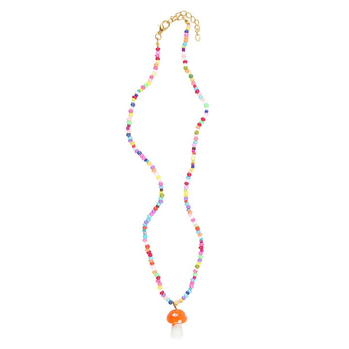 Colourful beaded necklace with orange mushroom pendant necklace perfect for adding a playful touch to any outfit