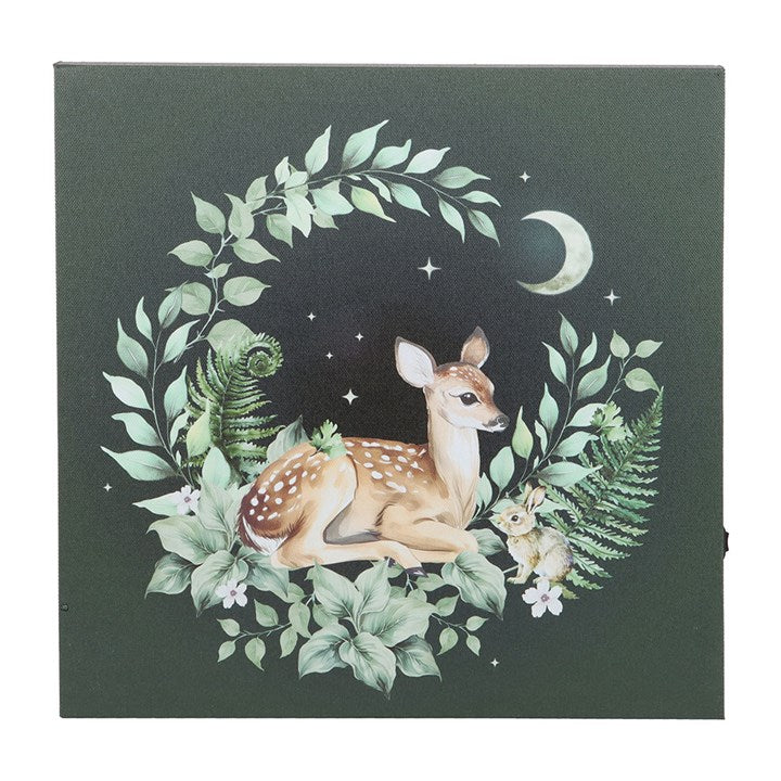 Delicate light up fawn canvas plaque featuring a serene fawn with foliage and moon accents, perfect for home decor