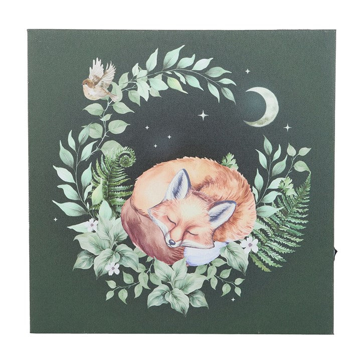 Beautiful light up fox canvas art featuring a sleeping fox surrounded by foliage and stars for enchanting decor