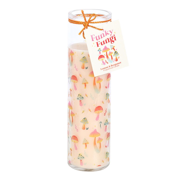 Funky Fungi mushroom candle in a whimsical design featuring colorful mushrooms with lemon and bergamot scent
