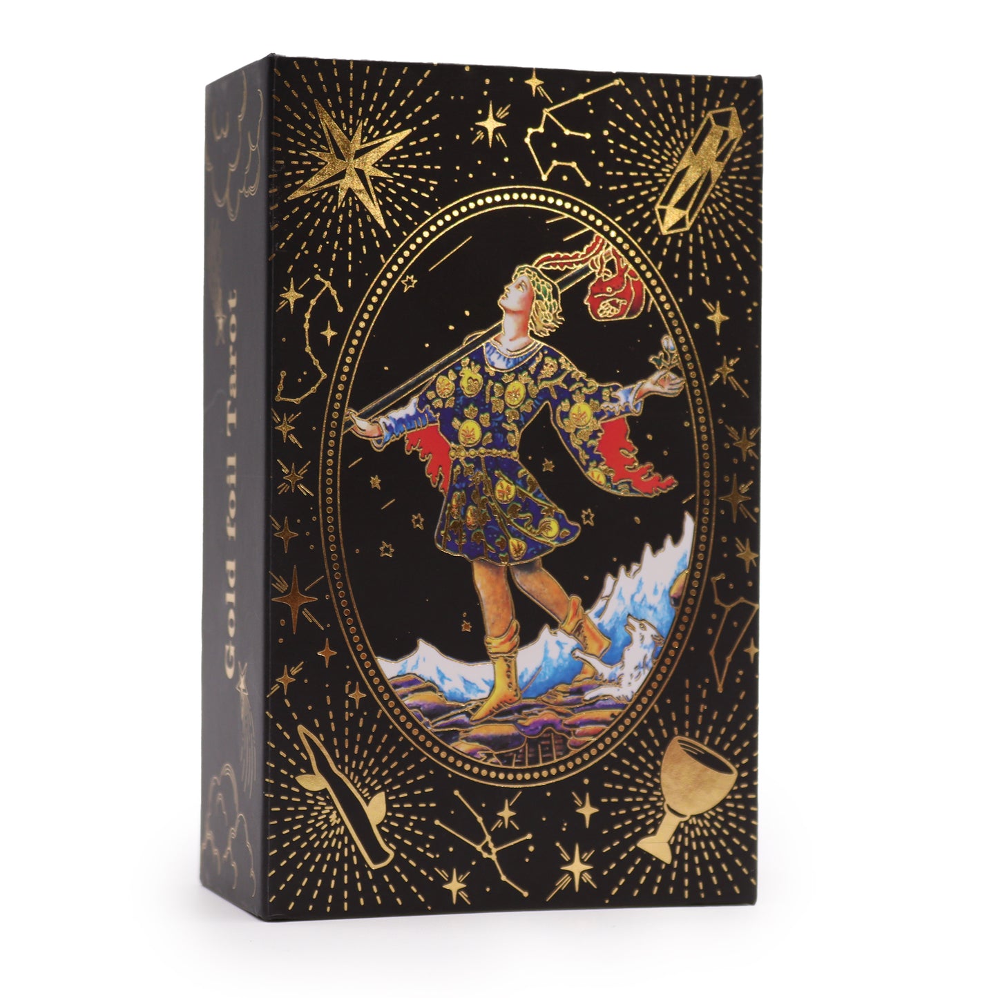 Luxury tarot deck with guidebook featuring gold foil design and intricate astrology symbols