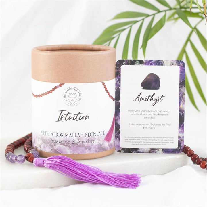 Intuition rosewood and amethyst mallah necklace with healing crystals, displayed in an elegant box with a purple tassel