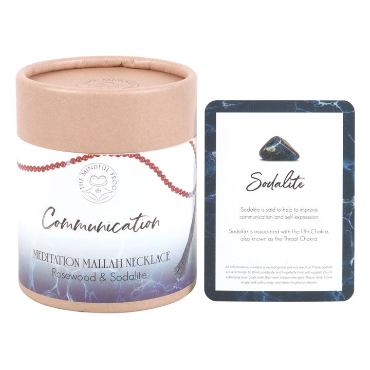 Communication Rosewood and Sodalite Mallah necklace designed for Reiki healing necklaces, promoting communication and self-expression
