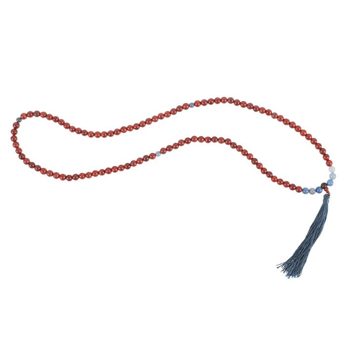 Beautiful rosewood and sodalite mallah necklace featuring a tassel, ideal for Reiki healing necklaces and spiritual practice.