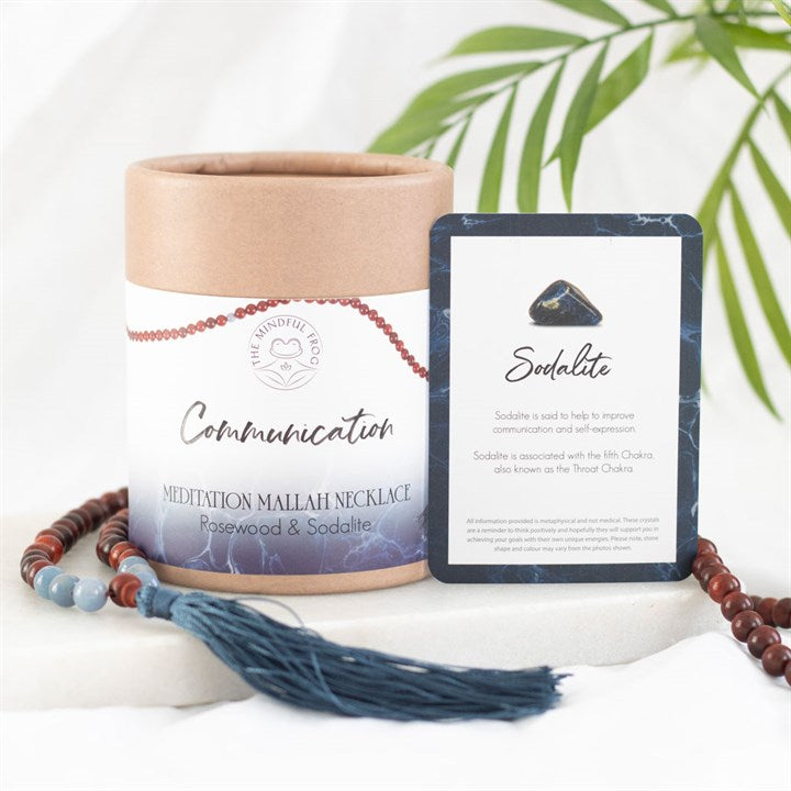 Communication Rosewood and Sodalite Mallah necklace for Reiki healing necklaces, promoting communication and self-expression