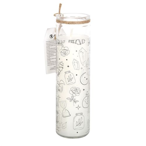 White sage scented candle with Spiritual Symbols in a decorative glass container for spiritual ambiance