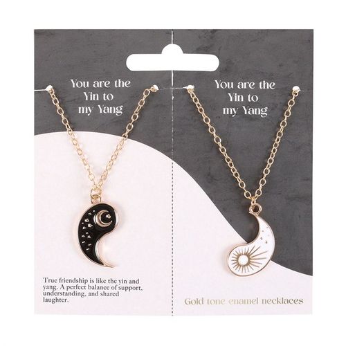 Yin Yang Best Friend Necklace set featuring gold-tone enamel pendants symbolizing balance and friendship, presented on a card