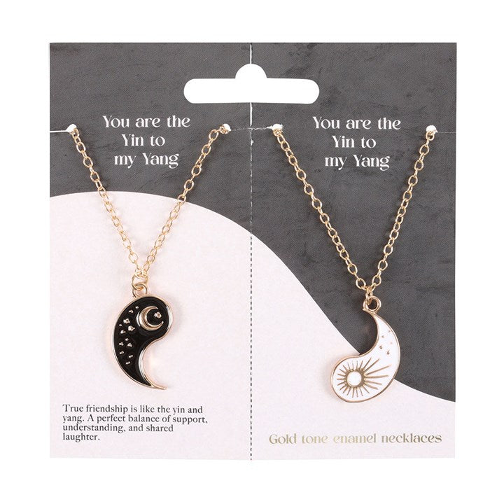 Yin Yang Best Friend Necklace pendants on card, symbolizing deep friendship and balance in gold tone enamel design