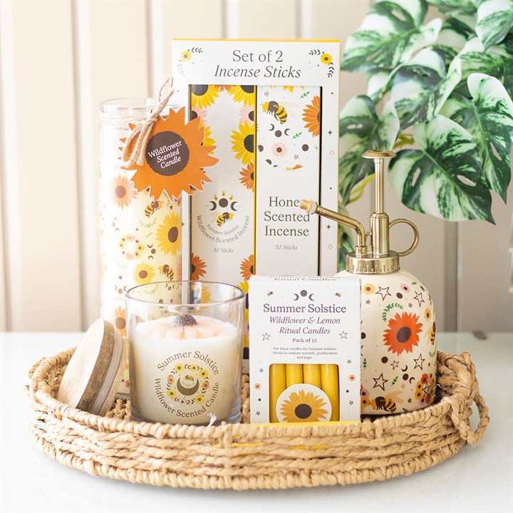 Set of Wildflower & Lemon Summer Ritual Candles, perfect candles for purification rituals, displayed with incense and accessories.