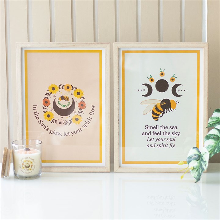 Framed spiritual wall art print featuring sunflowers and a bee, inspiring positive energy and connection with nature.