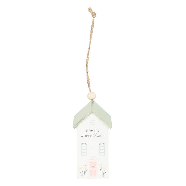 Charming hanging house decoration with pastel colors featuring the phrase Home is where Mum is decor, ideal for home accents.