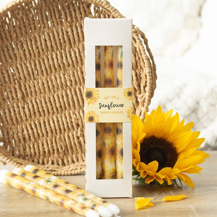 Set of 3 sunflower taper candles in a decorative box, perfect for summer decor candles and brightening any space