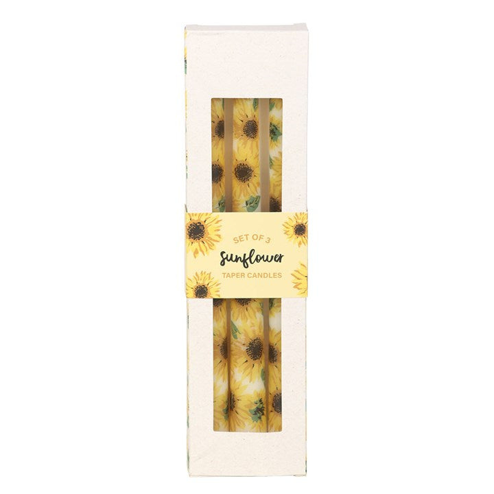 Set of 3 sunflower taper candles in a decorative box, perfect for summer decor candles and seasonal celebrations.
