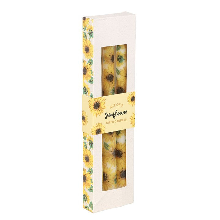 Set of 3 sunflower taper candles in decorative packaging, perfect for summer decor candles and bringing brightness to your space