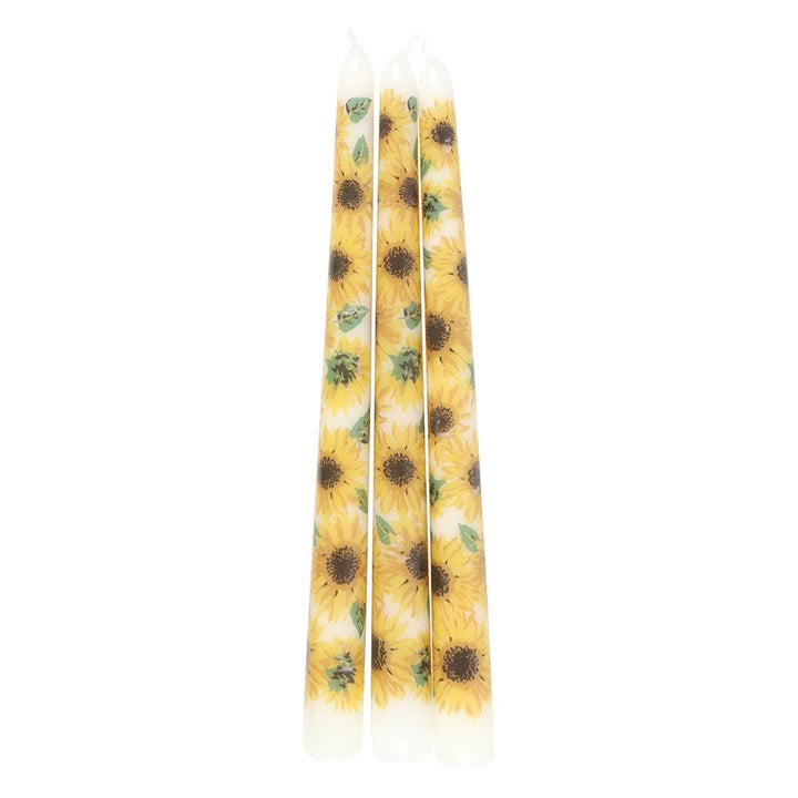 Set of 3 sunflower taper candles ideal for summer decor candles, featuring vibrant sunflower designs