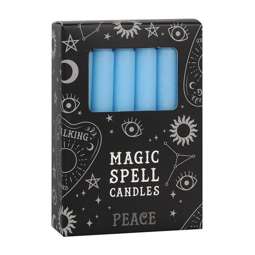 Set of blue peace spell candles in decorative packaging, perfect for creating serene spaces and enhancing meditation.