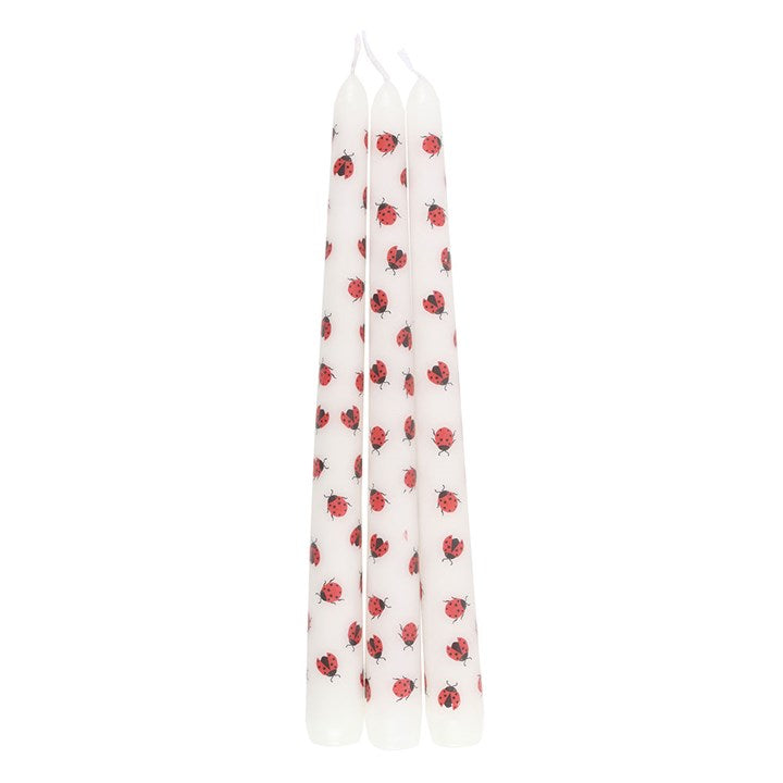 Set of 3 ladybird candles with white taper design, featuring a charming red ladybird pattern for a decorative touch