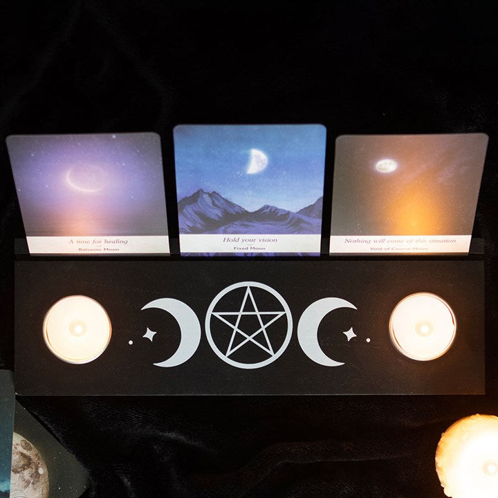 Black tarot card stand tealight holder featuring three cutouts and space for cards, perfect for enhancing tarot sessions