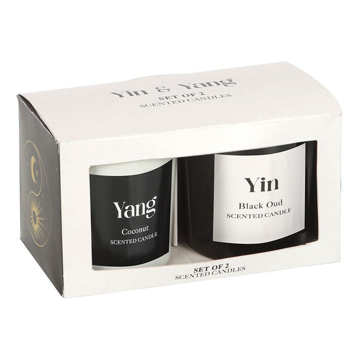 Set of 2 Yin Yang Candles featuring Black Oud and Coconut scents in stylish containers from Kimchi Toki