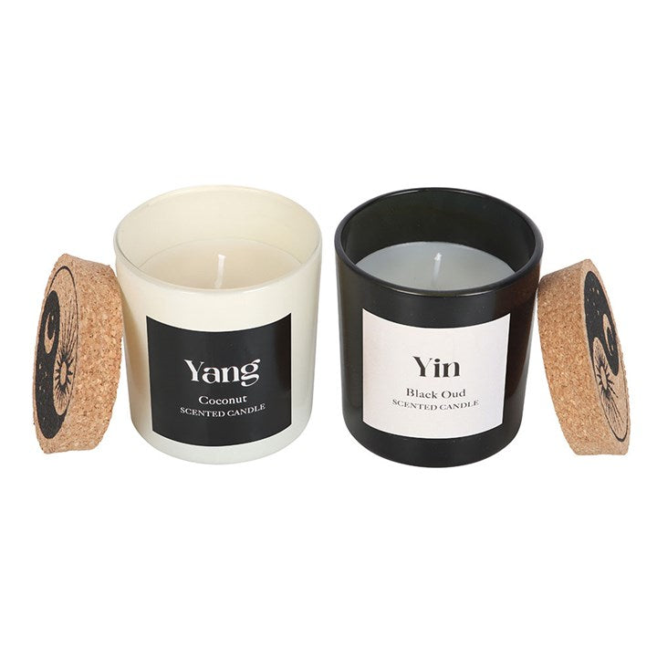 Set of 2 Yin Yang Candles featuring Coconut and Black Oud scents in stylish containers for a calming atmosphere