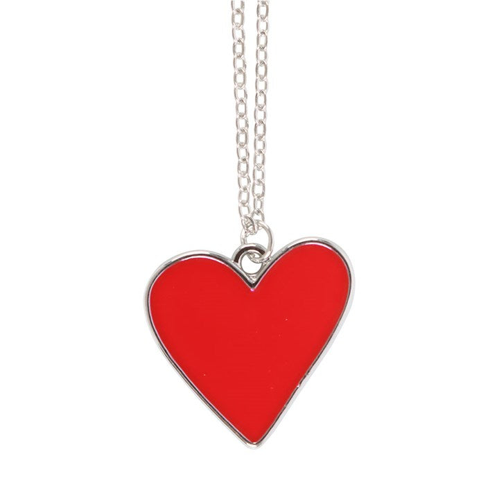 Red heart pendant necklace on a silver chain, a perfect Love Heart Pendant Card gift for expressing love and affection.