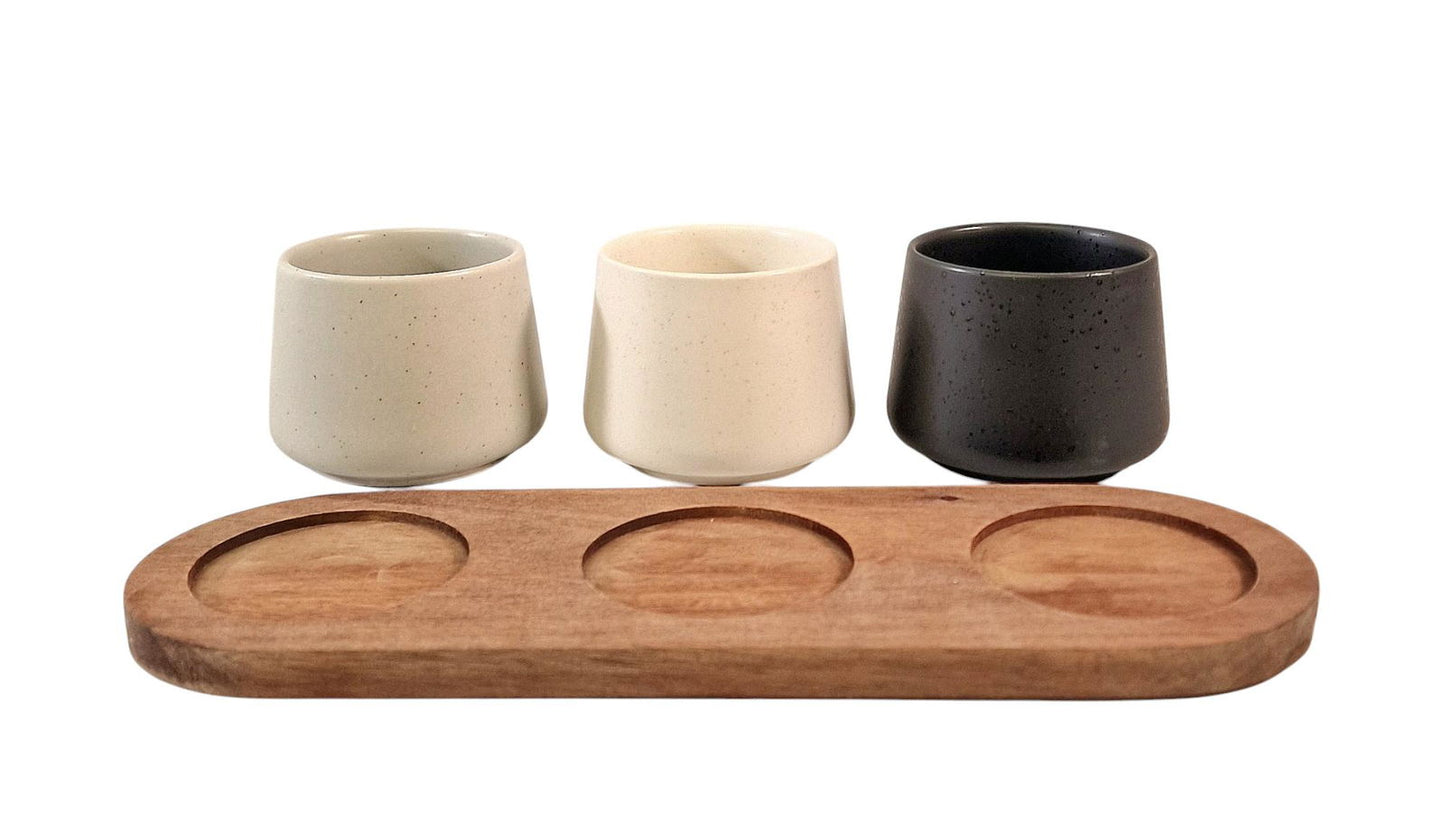 Acacia wooden tray tapas set with three ceramic cups in beige, cream, and black colors