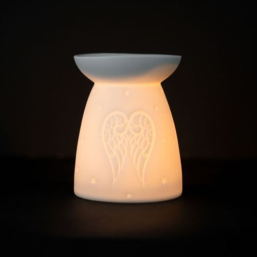 White Ceramic Angel Wings Oil Burner emitting a warm glow, perfect for home fragrance