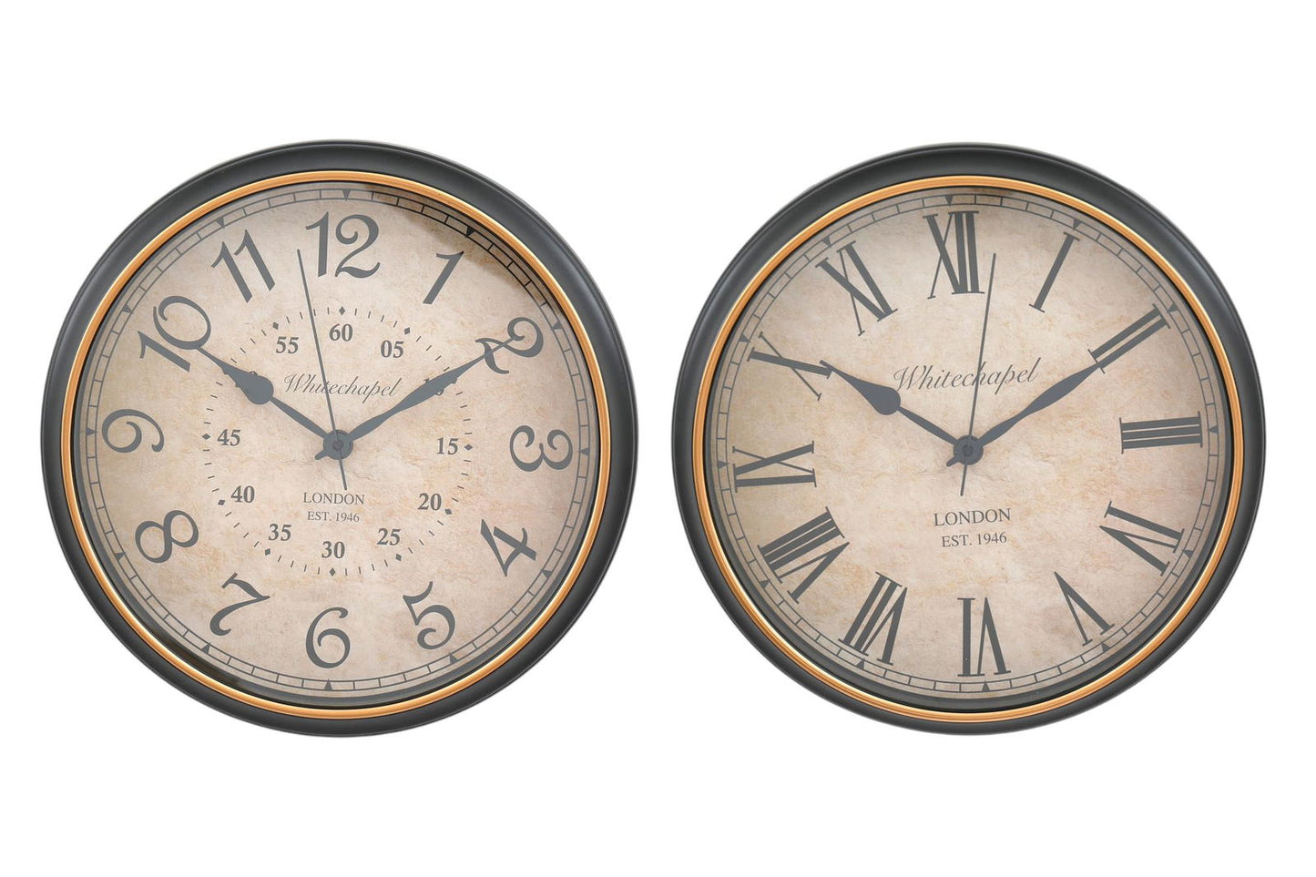 Geko Products antique style wall clock set featuring two round clocks with vintage faces and black frames
