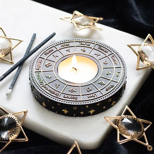 Astrology Candle Holder featuring zodiac symbols with a tealight candle for a soothing ambiance