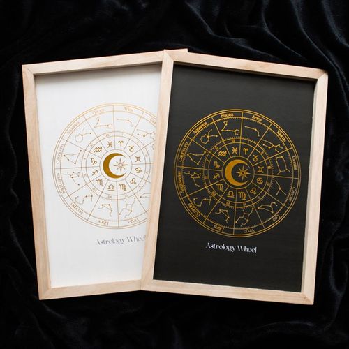 Black Astrology Wall Art featuring an astrology wheel design framed in wood