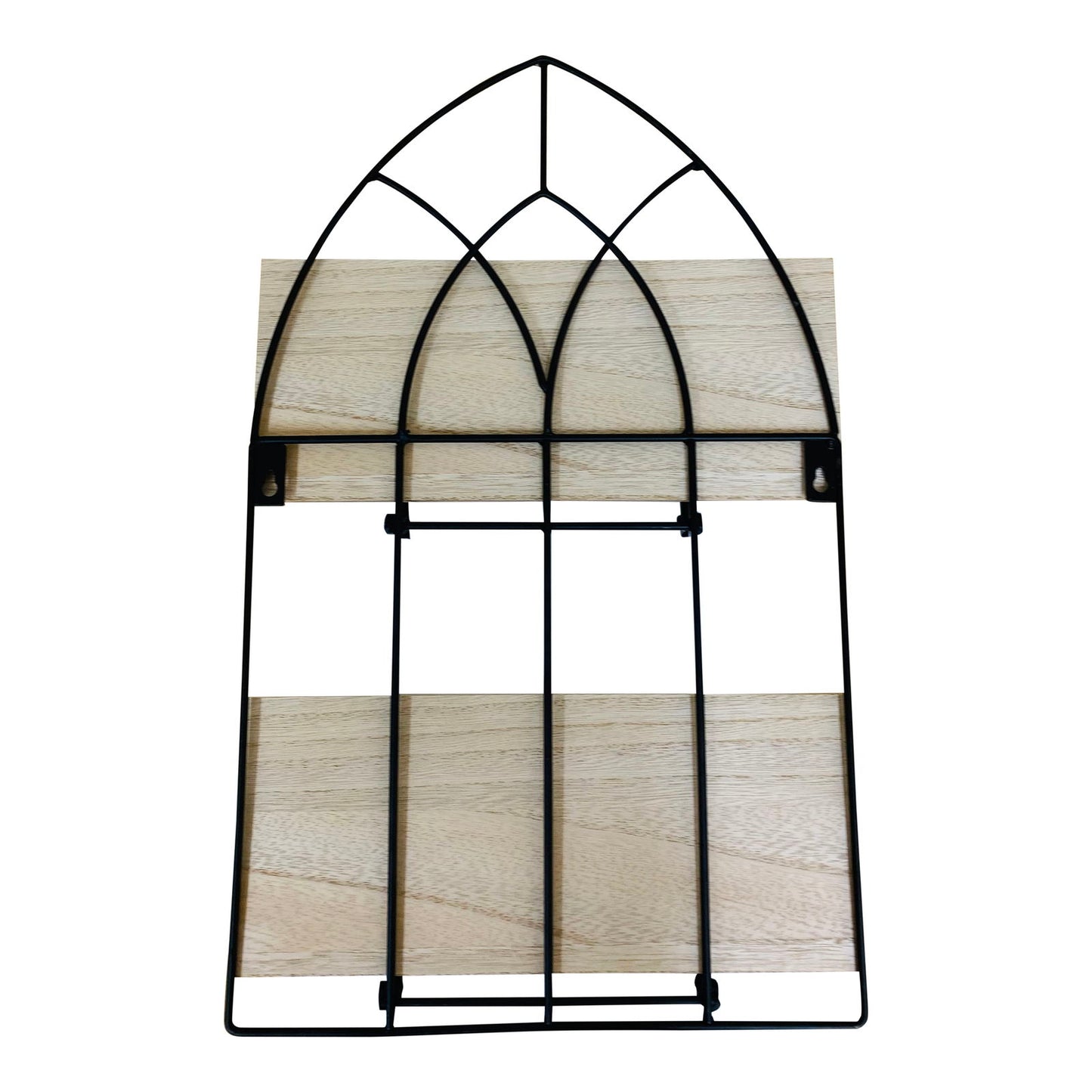 Geko Products black metal arch shelf with wooden panels and decorative geometric design