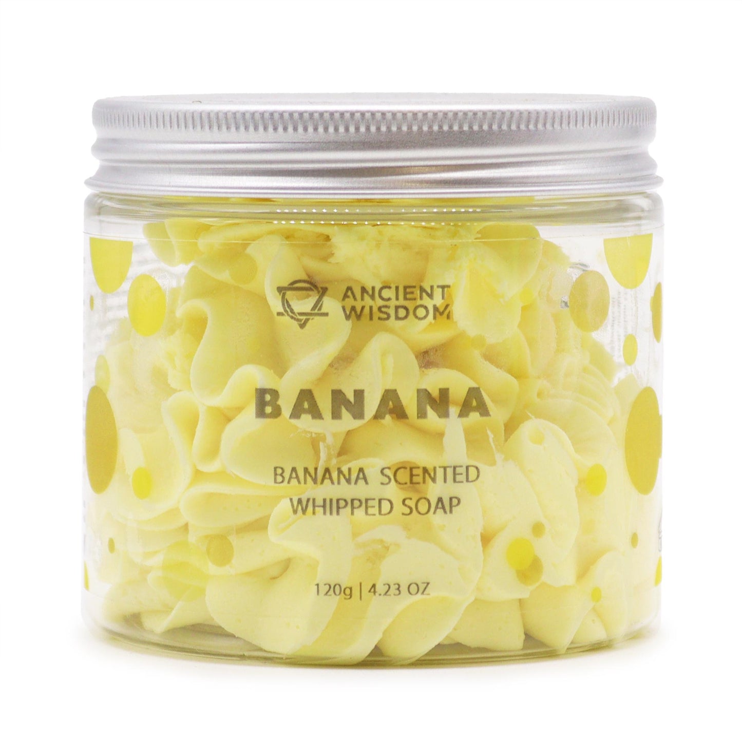 banana whipped soap in a clear jar with a bright yellow color for a fruity scent
