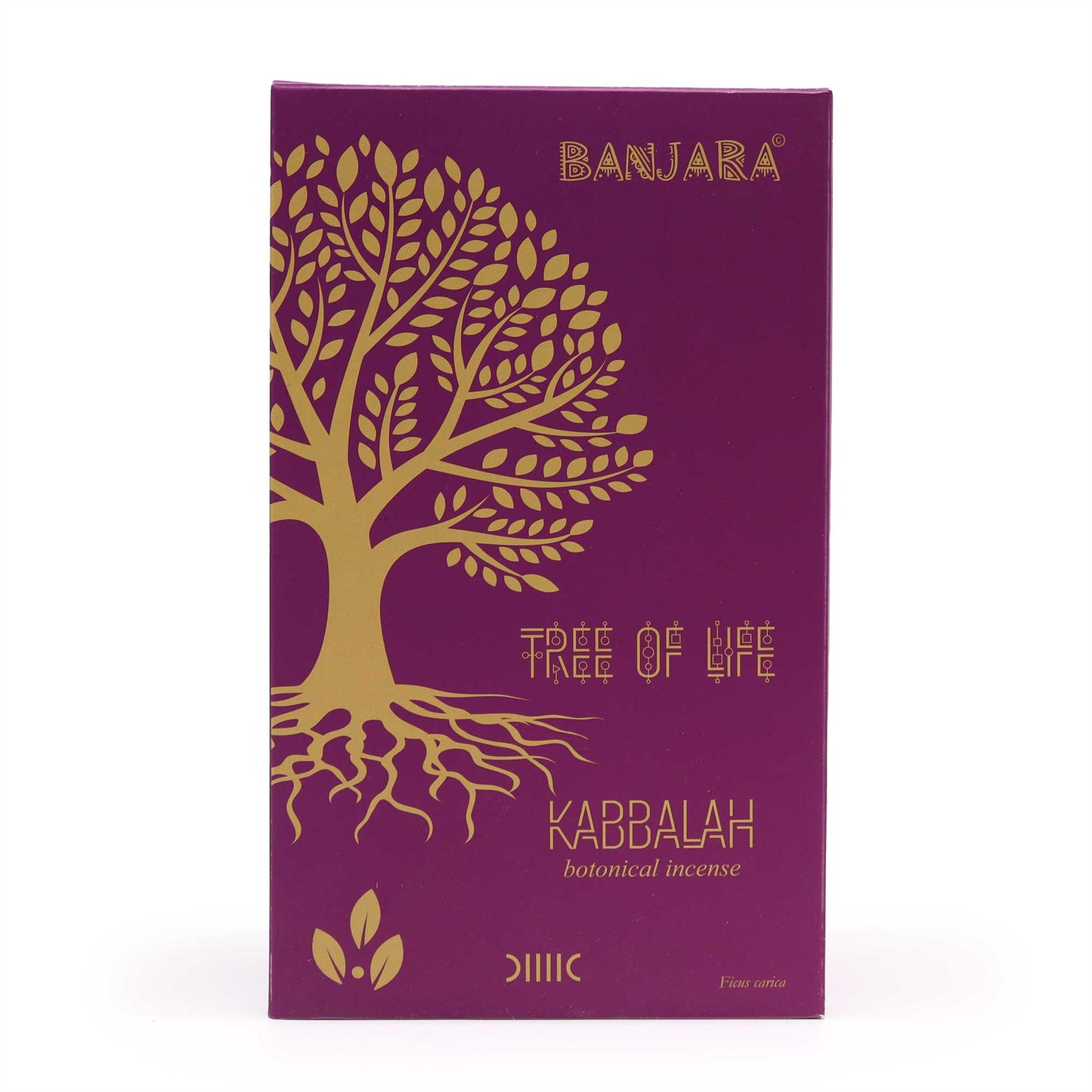 Banjara botanical incense Kabbalah packaging featuring a golden tree design on a purple box