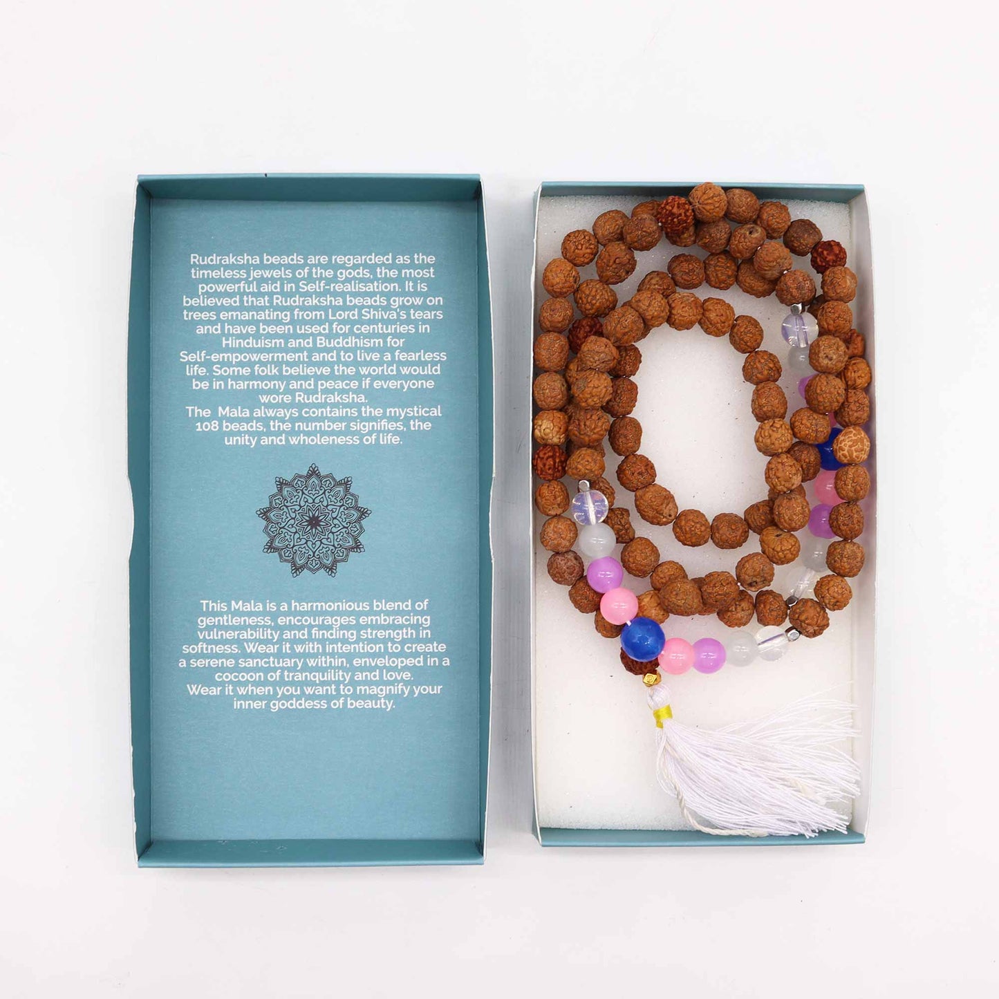 Beauty Goddess mala necklace with Rudraksha beads for spiritual healing and meditation