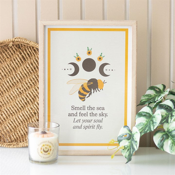 Summer Solstice Bee Framed Wall Art featuring a bee with decorative elements and a motivational quote, bee wall art